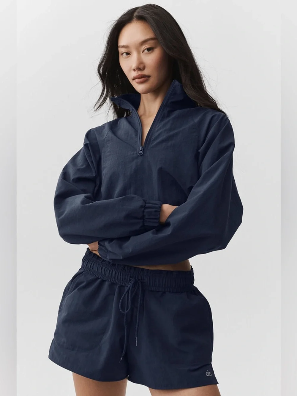 ALO Cropped 1/4 Zip Alumni Pullover Navy Mock Neck XXS SU26